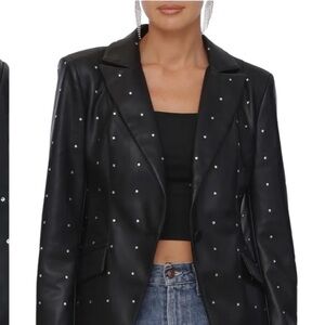 Avec Les Filles Rhinestone Sparkle Black Faux Leather Jacket Blazer Size XL